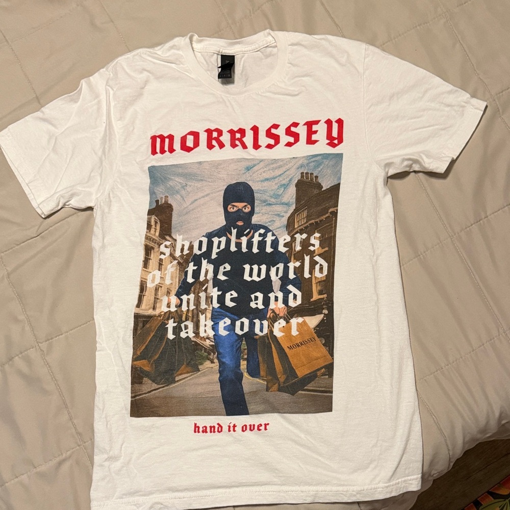 Morrissey Y? White Graphic Tee with Red Text